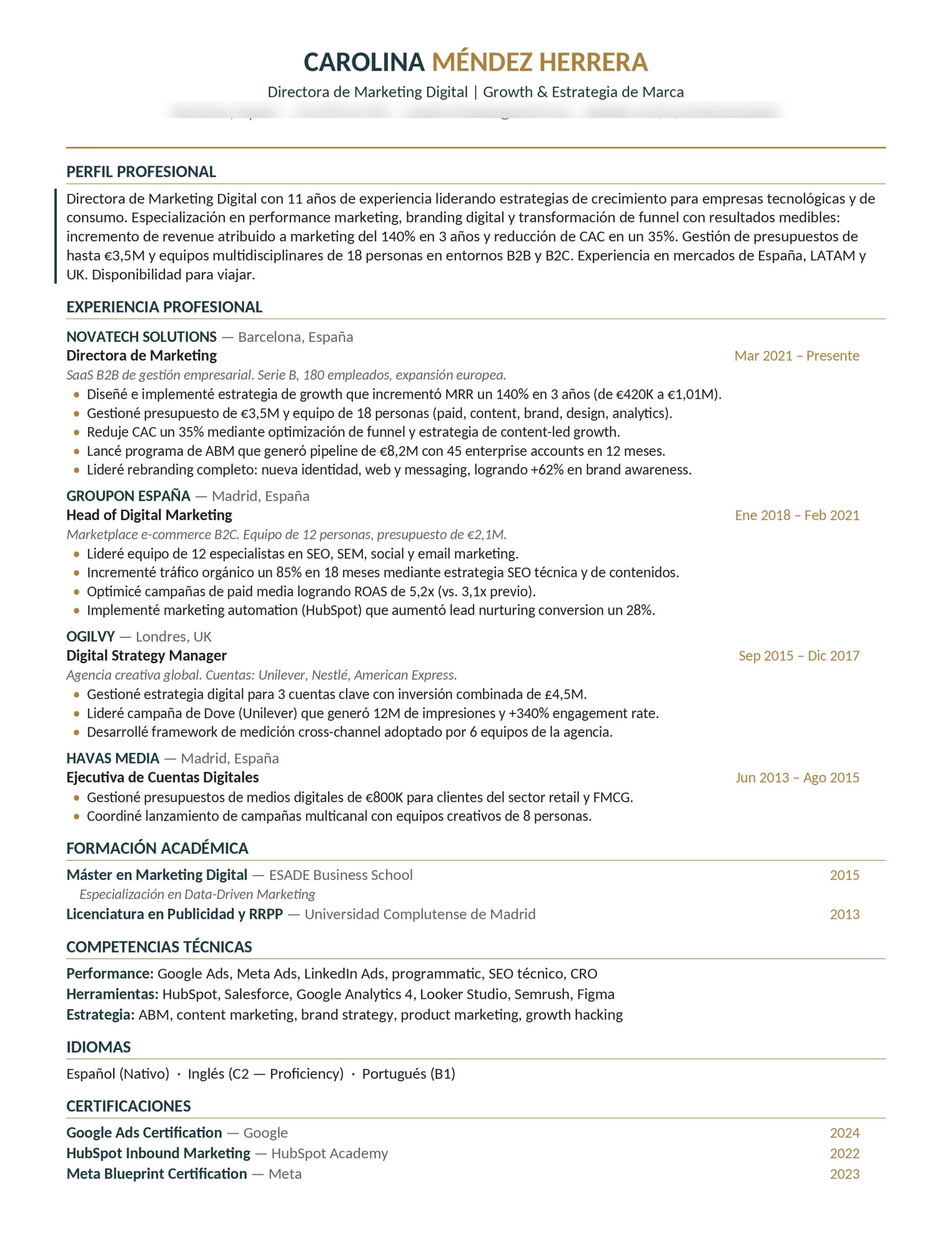 CV CVImpacto - Directora de Marketing